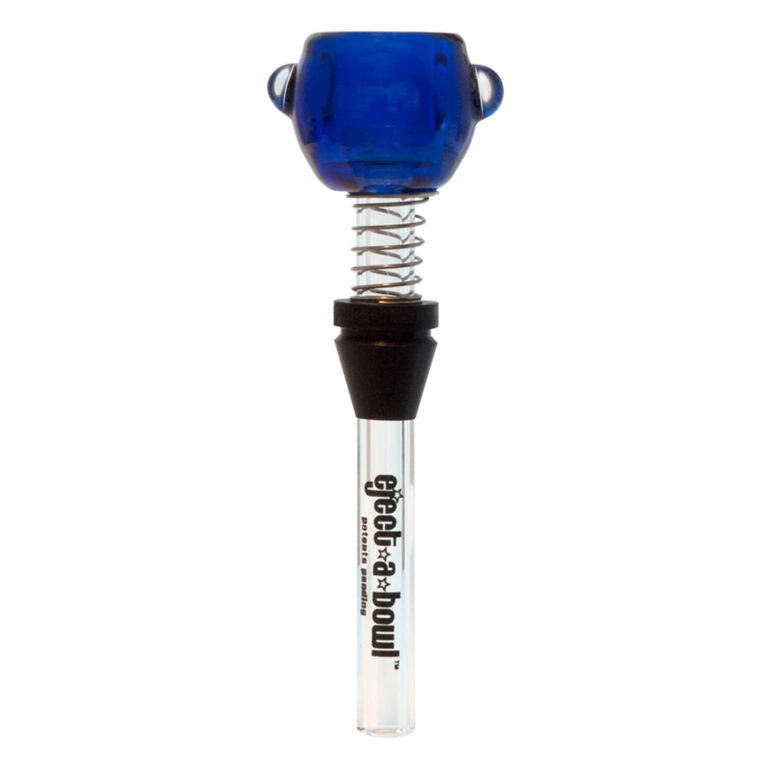 Borosilicate glass Eject-a-Bowl push-to-clear bong bowl with integrated stem, featuring a stainless steel spring and silicone grommet.