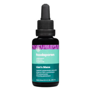 A bottle of Foodsporen® Lion's Mane tincture, a natural nootropic liquid extract designed to clear brain fog and support cognitive function.