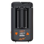 Mighty+ portable dry herb vaporizer with LED screen and ribbed housing.