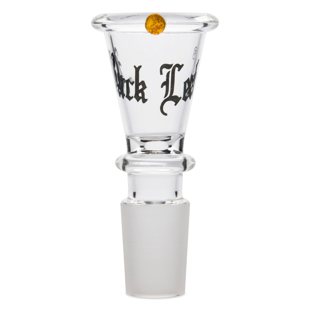 A clear, conical-shaped glass herb bowl from Black Leaf, featuring a small glass nub on its side to prevent rolling, with an SG19 male joint.