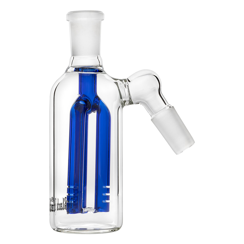 A 45-degree angled glass Pre-Cooler 3-Arm Percolator with two SG14 joints and an internal tree percolator designed for bongs