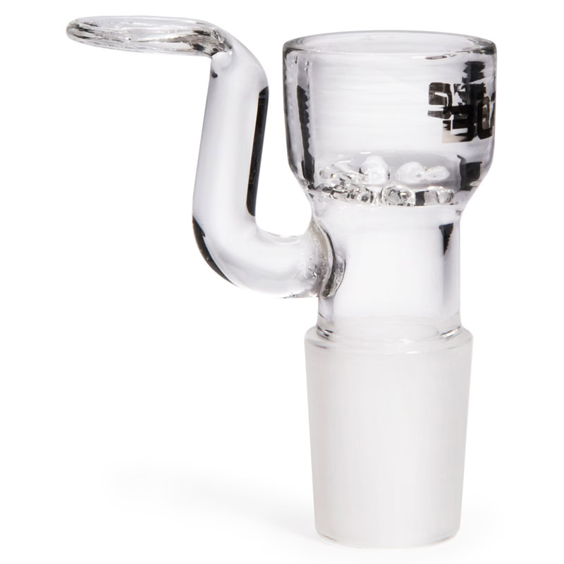 A clear SG19 Glass Bowl with Screen, showing the integrated glass filter at the bottom and the small handle on its side that prevents rolling.