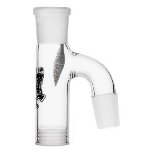 Clear borosilicate glass ash catcher with Black Leaf logo. 90 degree angle joint and SG19 (18.8mm) connections for bong and bowl.