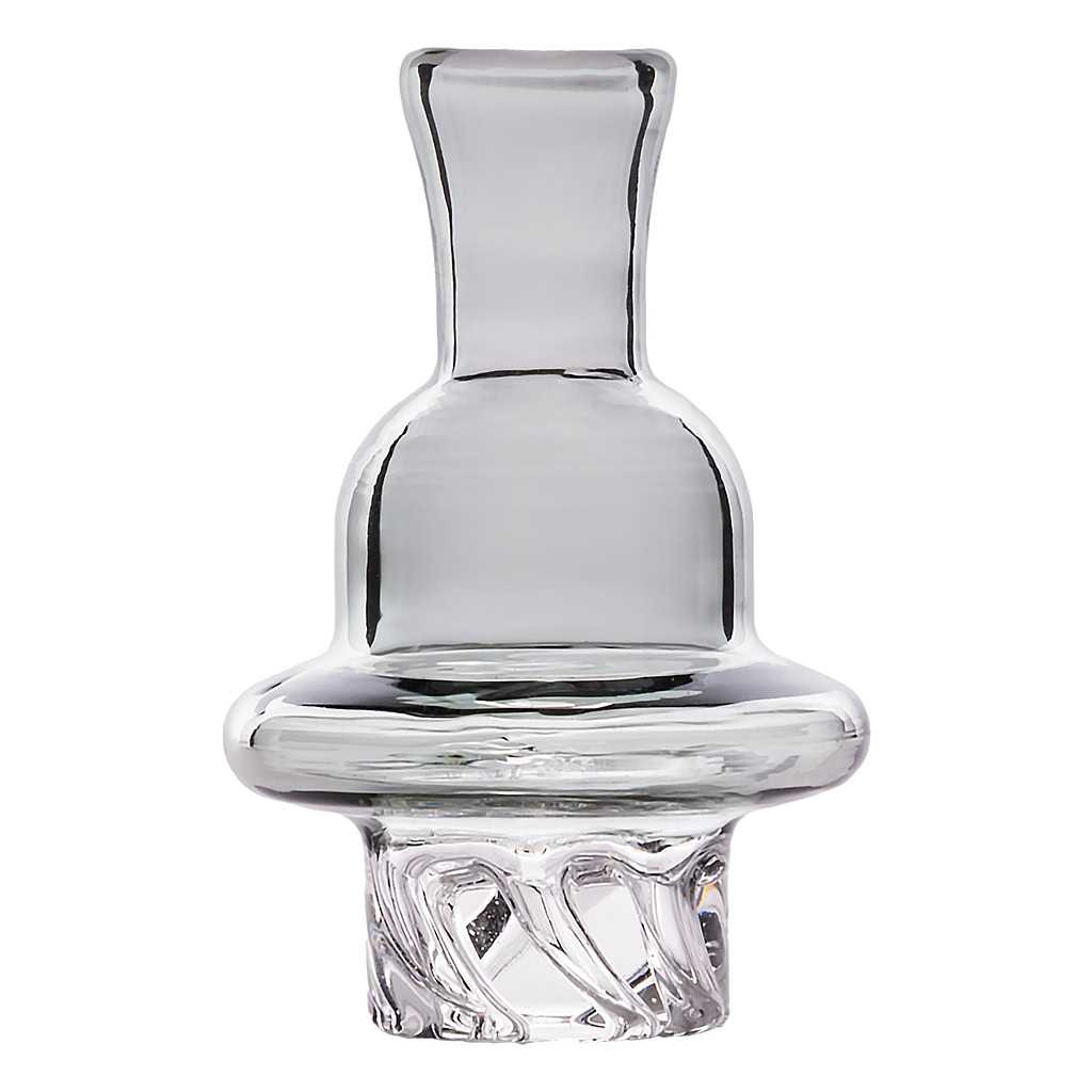 Borosilicate glass carb cap spinner with six angled airflow channels designed for quartz banger dab rigs.