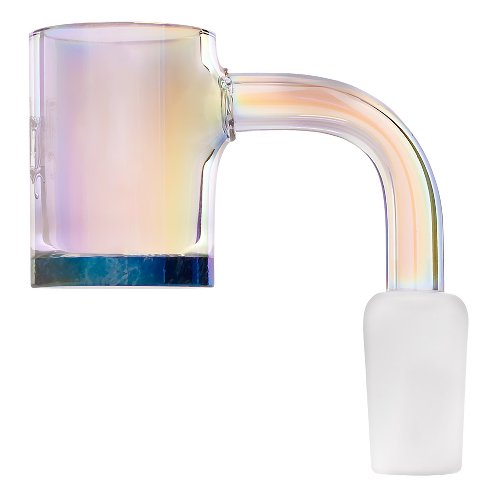 An iridescent quartz glass banger with a 90-degree angle and an SG14 male joint. flat top design for dabbing concentrates.
