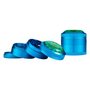 Aluminum Grinder Mandala 4-Part 50mm Blue dry herb kief catcher.