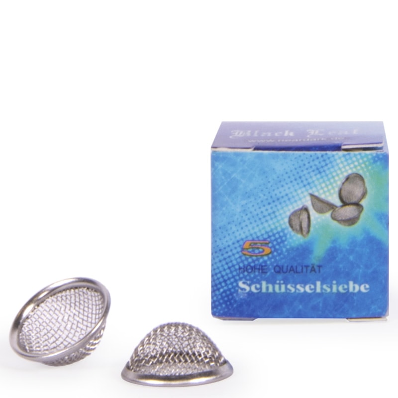 Close-up of a 5-pack of stainless steel concave screens with smooth rims, small and shiny, designed to fit snugly in pipe and bong bowls.