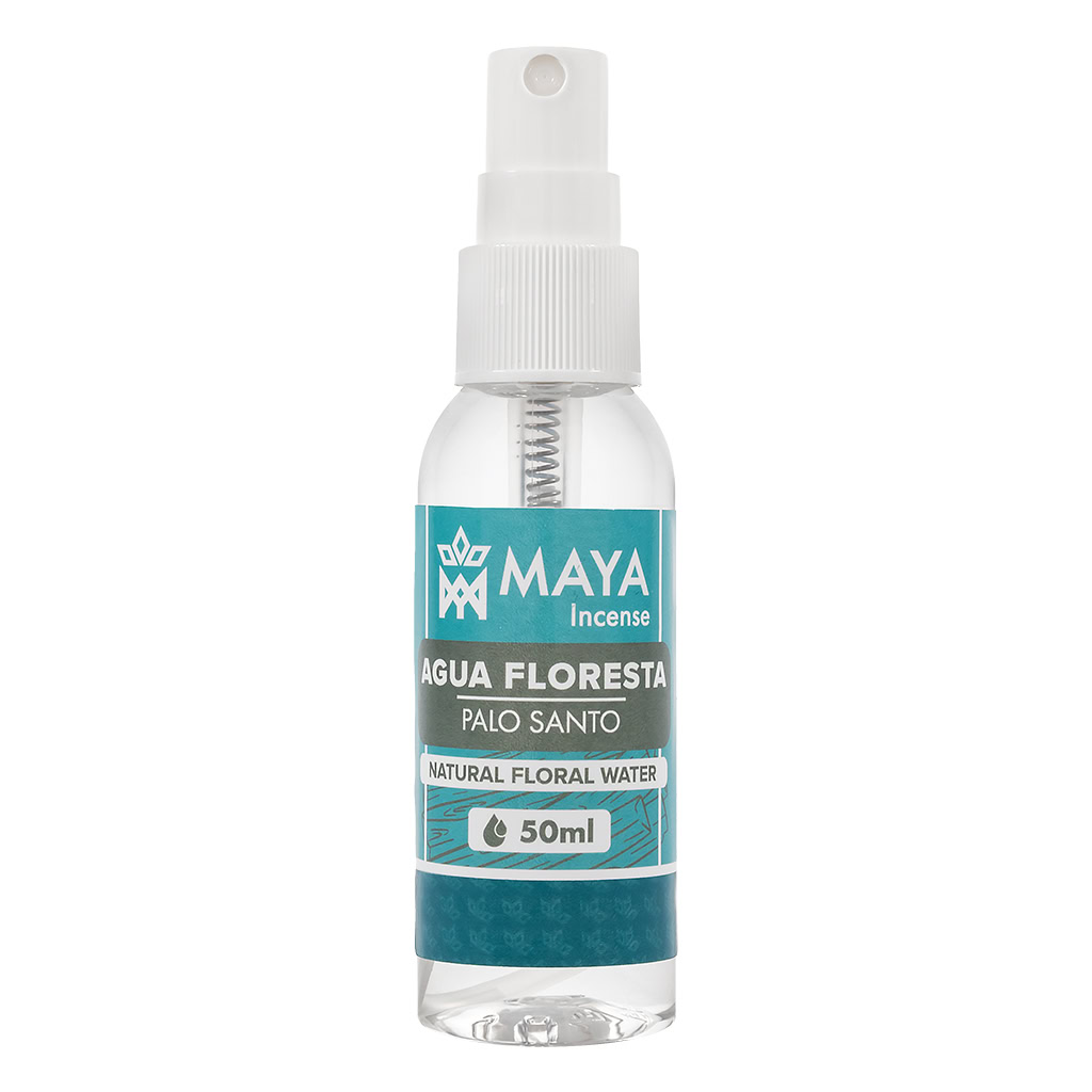 50ml bottle of Agua Floresta Palo Santo floral water spray, smelling of warm wood and floral notes, used for clearing energy and creating a peaceful atmosphere.