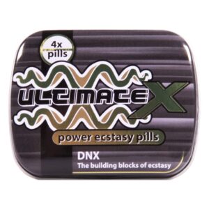 The black and vibrant packaging of UltimateX. Powerful party pill for euphoric energy and mood enhancement. Clear-headed, vibrant party experience.