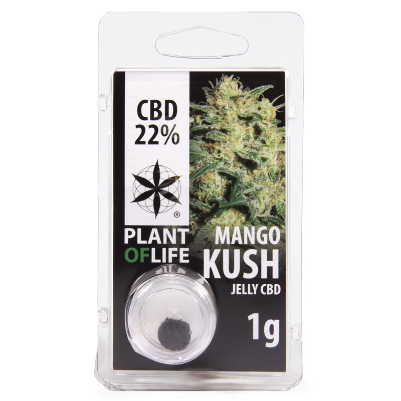 Mango Kush CBD Jelly 22%, a soft, sticky hemp-derived CBD hash concentrate with a golden-brown texture.