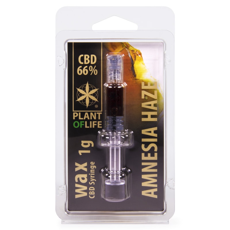 Syringe containing Plant of Life Amnesia Haze CBD Wax 66% concentrate 1 gram.