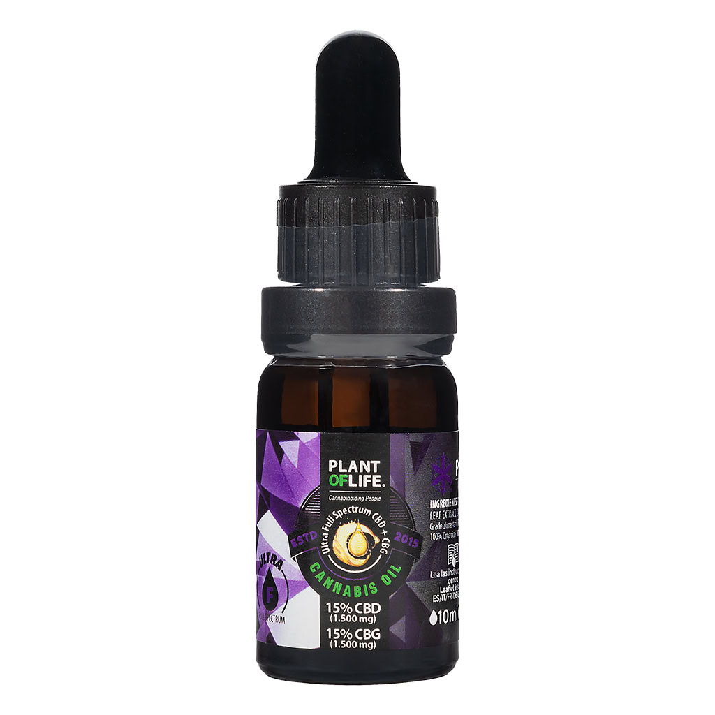 Bottle of Plant of Life CBD & CBG 15% Energizing cannabis oil in 10ml glass dropper packaging.
