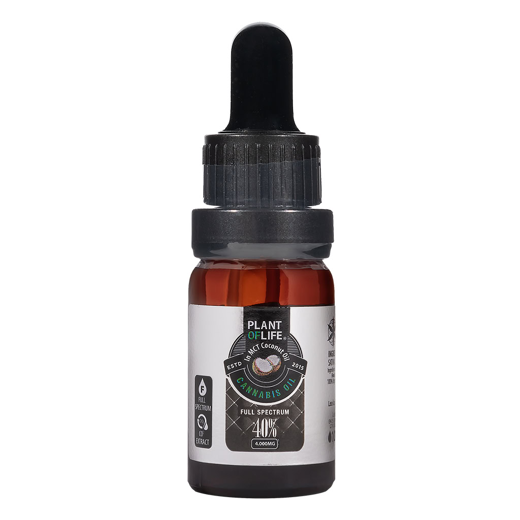 Plant of Life 40% CBD cannabis oil bottle with dropper, 20mg per drop