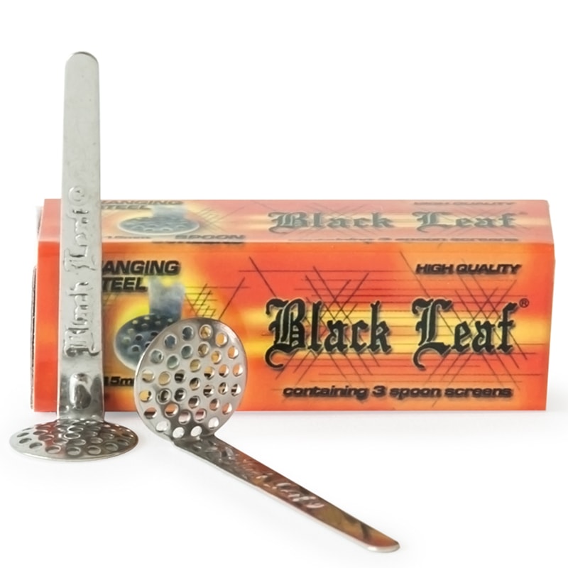 15 mm stainless steel spoon-shaped screens with flexible metal handles, designed to fit deep bong and pipe bowls securely.
